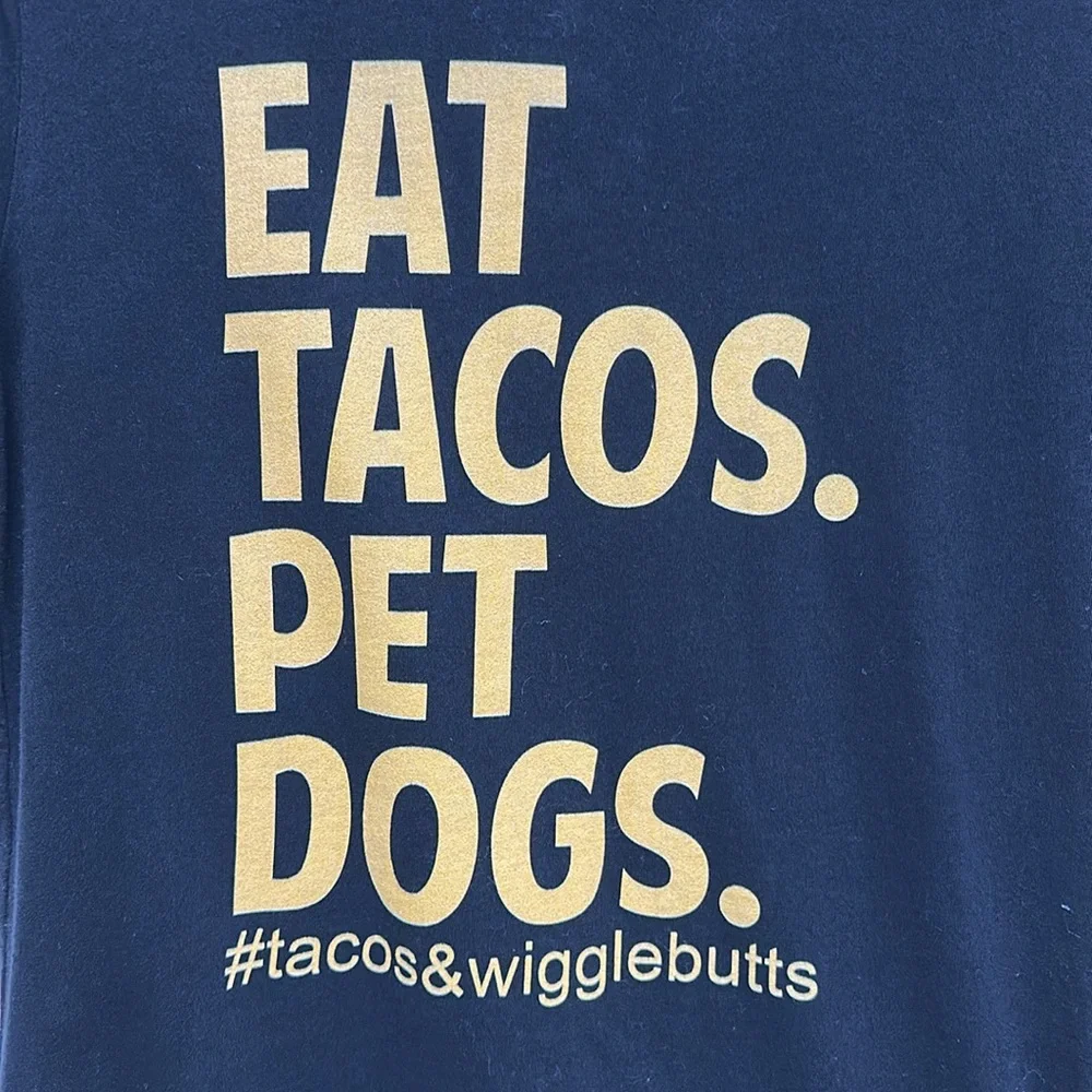 NWOT Bella-Canvas Black & Gold “Eat Tacos.Pet Dogs.” Short Sleeve T-Shirt size M